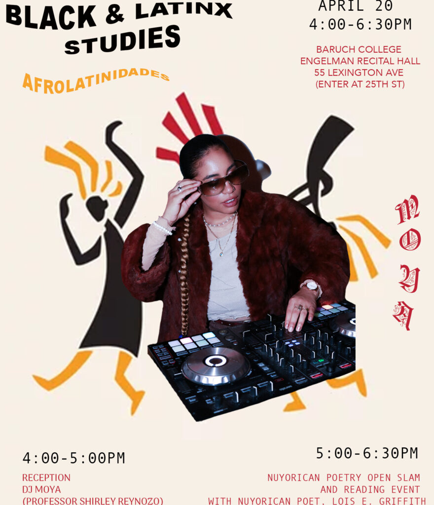 DJ Moya Event flyer, featuring orange and red stylish figures dancing and curvy lines, and a picture of DJ Moya (Professor Shirley Reynozo) dj-ing with a sound board and in a red fuzzy coat