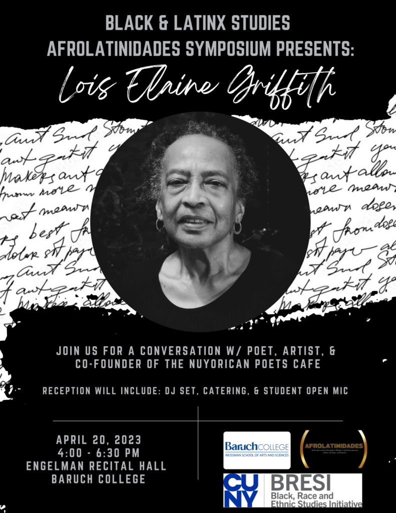 Folleto para el evento de Elaine Lois Griffith, que incluye una fotografía en blanco y negro de Griffith, la ubicación, la fecha y la hora, y el logotipo de Baruch.