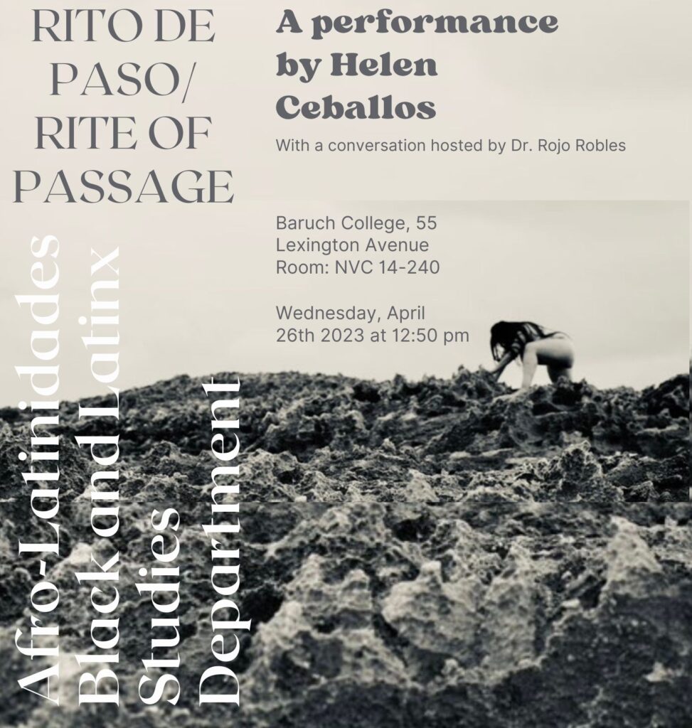 Event flyer for Rito de Paso/ Right of Passage, featuing a woman dancing on rocks in a greyscale landscape